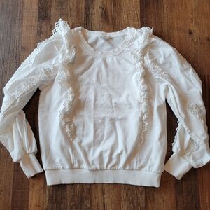 Anthropologie White Lace Ruffle Trim Long Sleeve Top